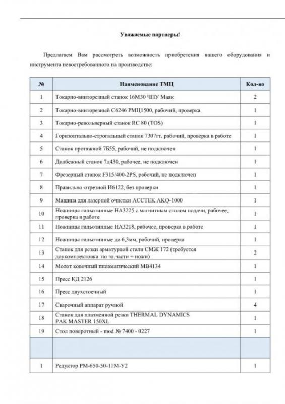 ООО "РМЗ" продает невостребованное оборудование и запчасти. - Новотроицк