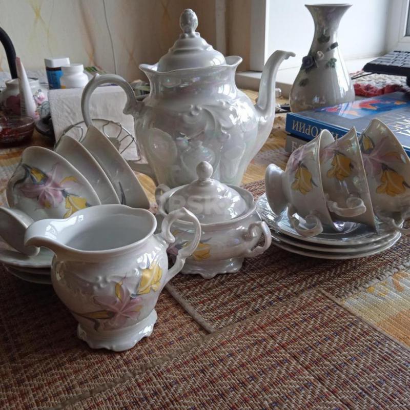 Польский перламутровый винтажный  чайный сервиз на 6 персон в полной комплектации, 15 предметов:
1) - Орск