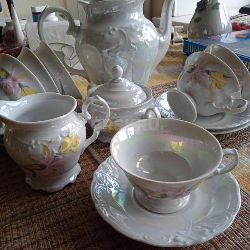 Польский перламутровый винтажный  чайный сервиз на 6 персон в полной комплектации, 15 предметов:
1) - Орск