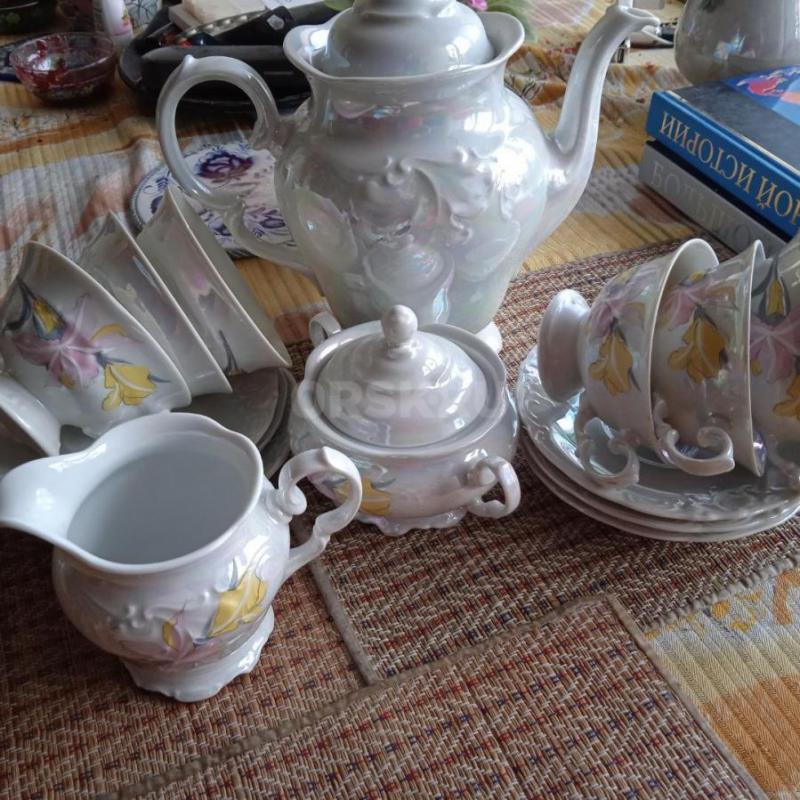 Польский перламутровый винтажный  чайный сервиз на 6 персон в полной комплектации, 15 предметов:
1) - Орск